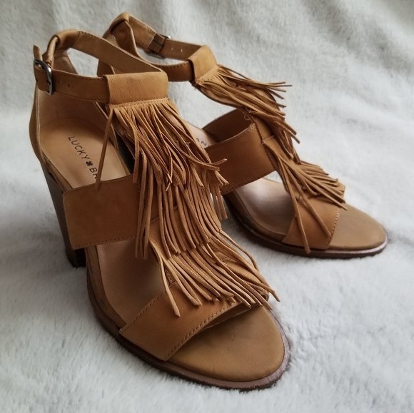 LUCKY BRAND Leesha Leather Fringe Strap Block Heel Sandal Brown Sugar Si… - Picture 1 of 12